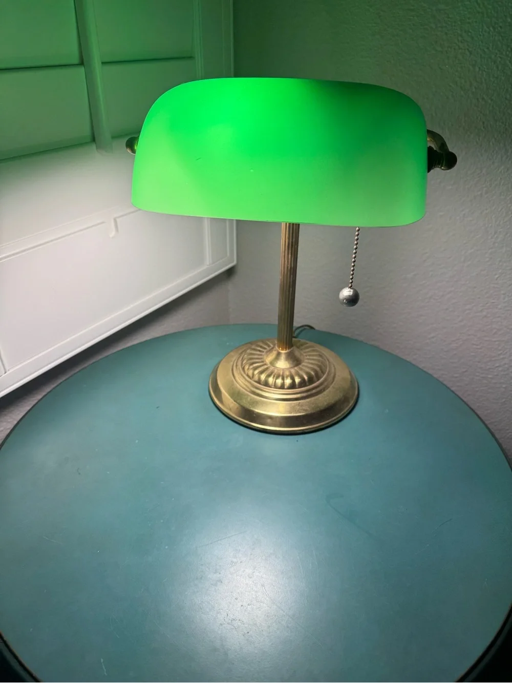 Vintage Green Glass Banker Lamp with Brass Base